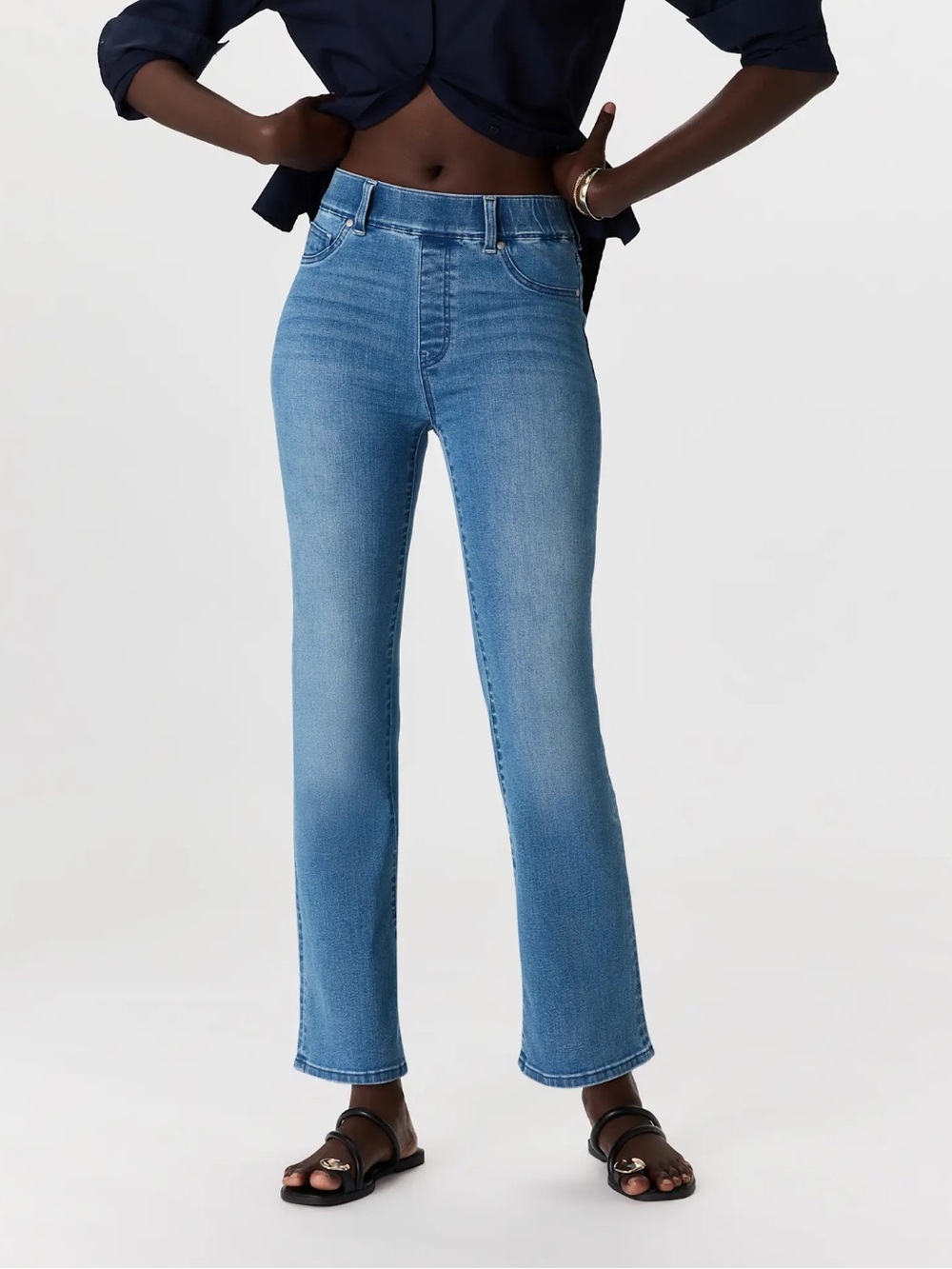 Quince Nina Stretch Pull On Kick Flare Jeans in Laguna Blue